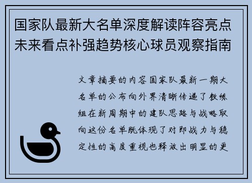 国家队最新大名单深度解读阵容亮点未来看点补强趋势核心球员观察指南